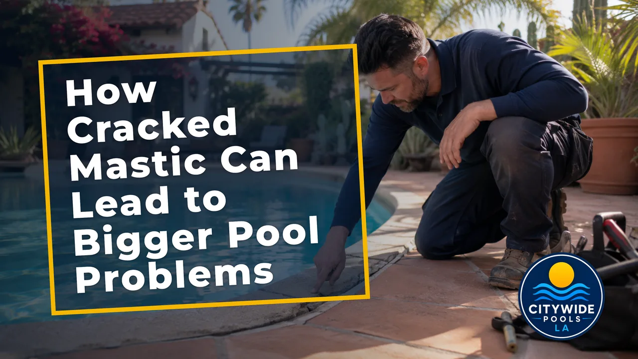 Visible cracks in mastic highlight potential pool maintenance issues.